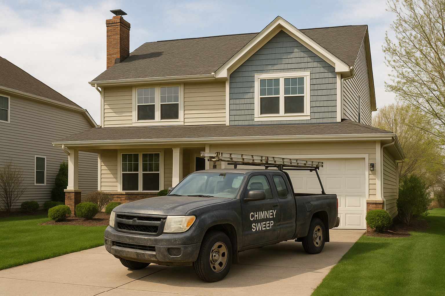 A Black Pickup Truck Labeled &Quot;Chimney Sweep&Quot; Is Parked In The Driveway Of A Suburban Two-Story House With A Chimney.