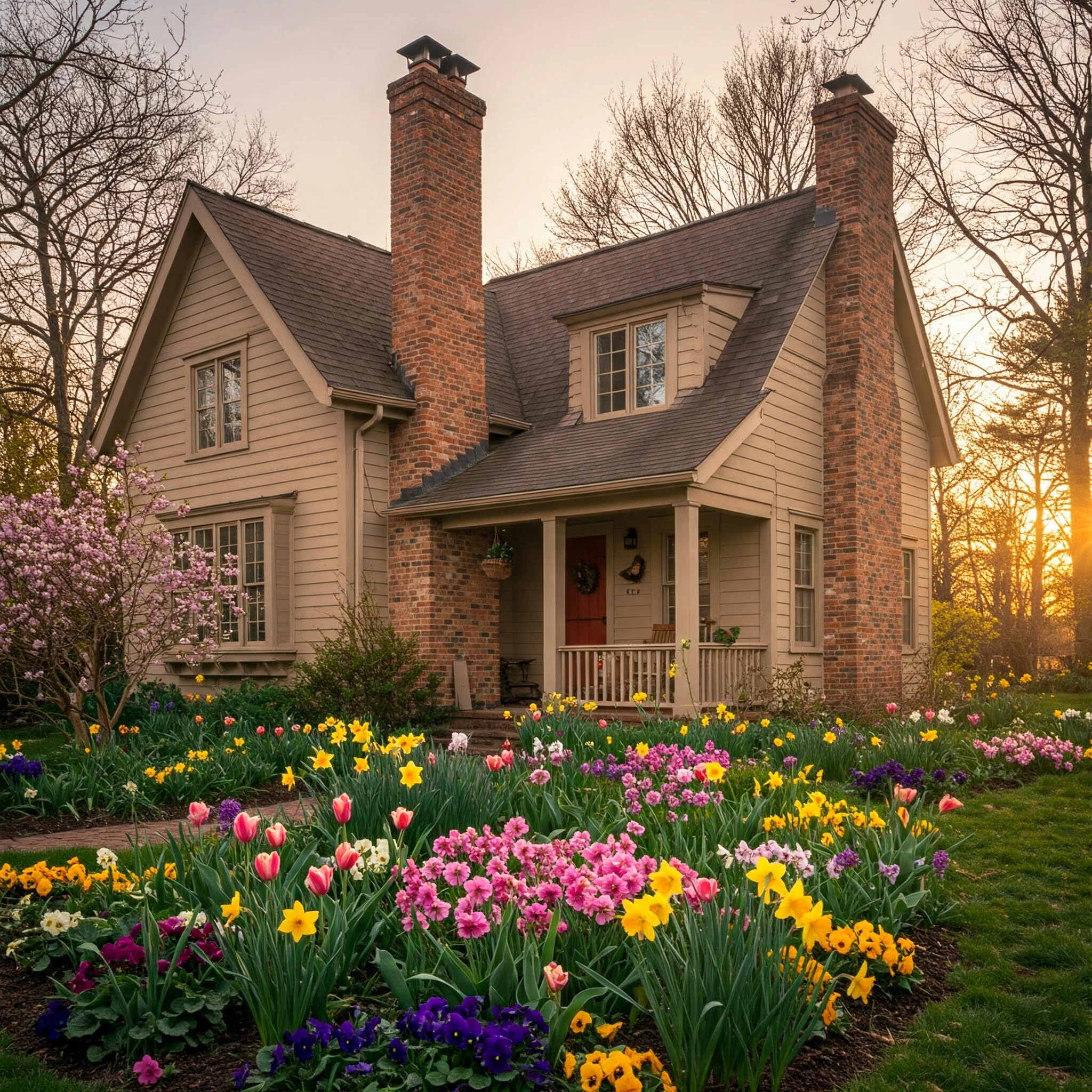 Spring Home With Chimneys And Lush Floral Landscaping