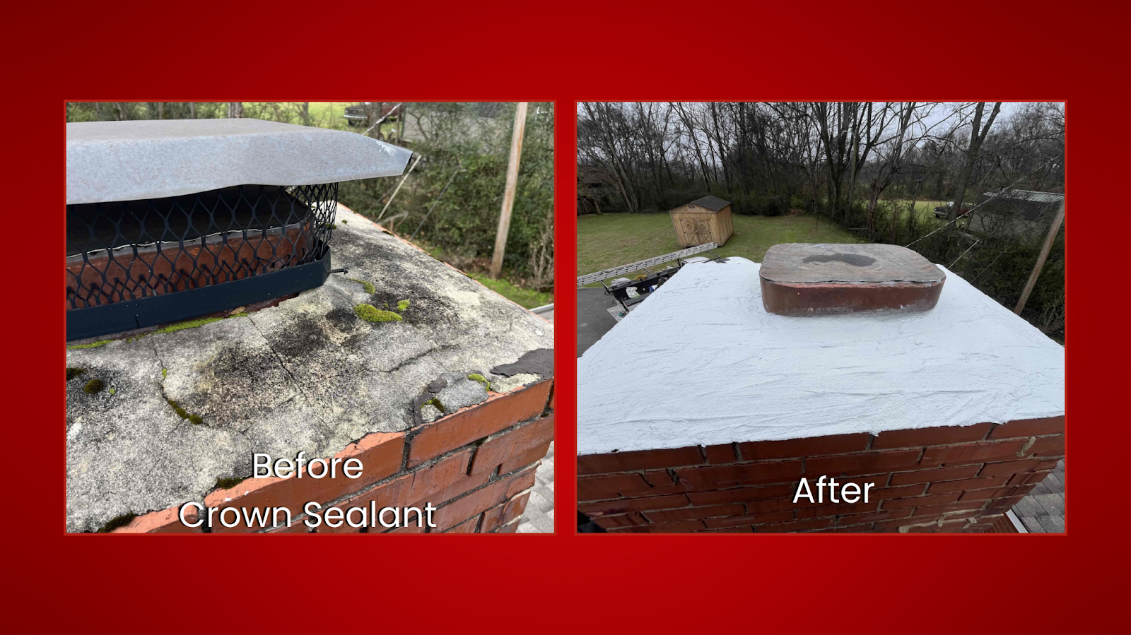 Side-By-Side Images Of A Chimney Top: The Left Shows A Weathered Surface With Moss Labeled &Quot;Before Crown Sealant,&Quot; The Right Shows A Clean, Sealed Surface Labeled &Quot;After.